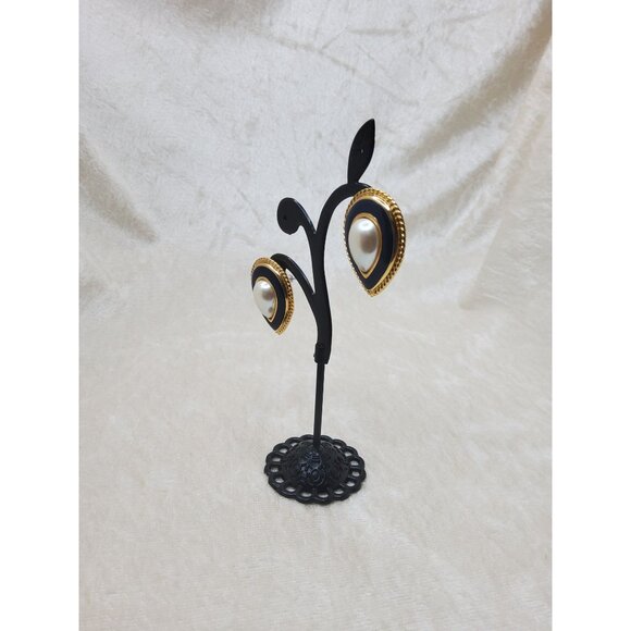Vintage Monet Faux Pearl Black Enamel & Gold-Tone Teardrop Shaped Pierced Earrin - Picture 3 of 4